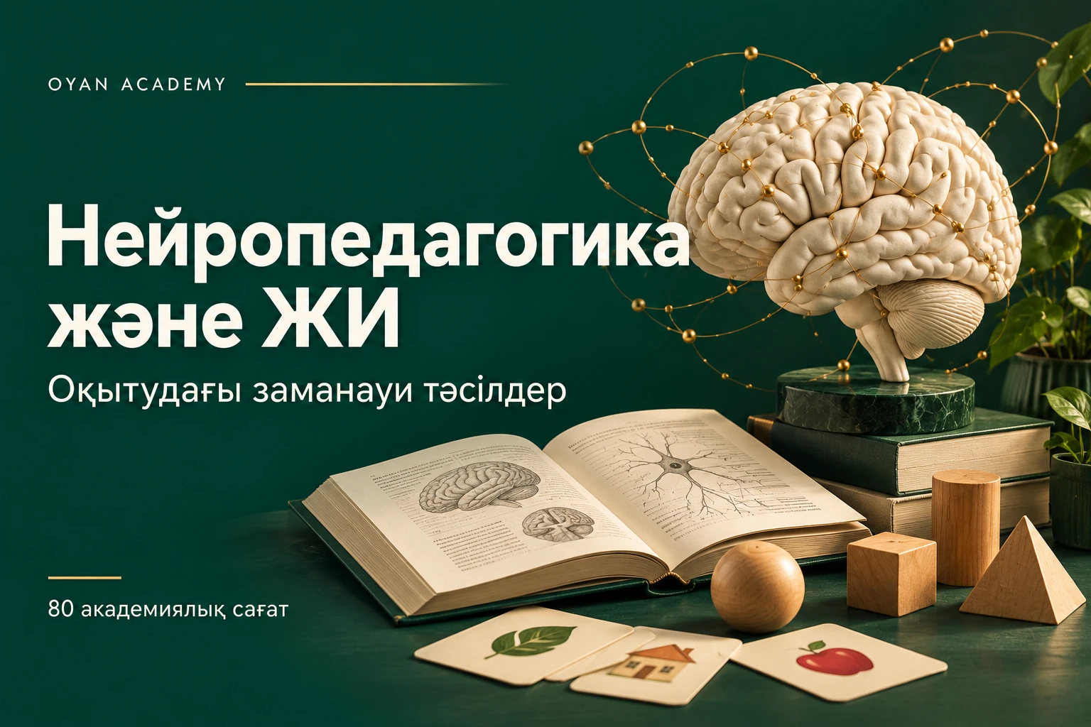 «Нейропедагогика және ЖИ» курсының баннері: алтын желілермен қоршалған ми мүсіні, ашық кітап, ағаш фигуралар мен суретті карточкалар